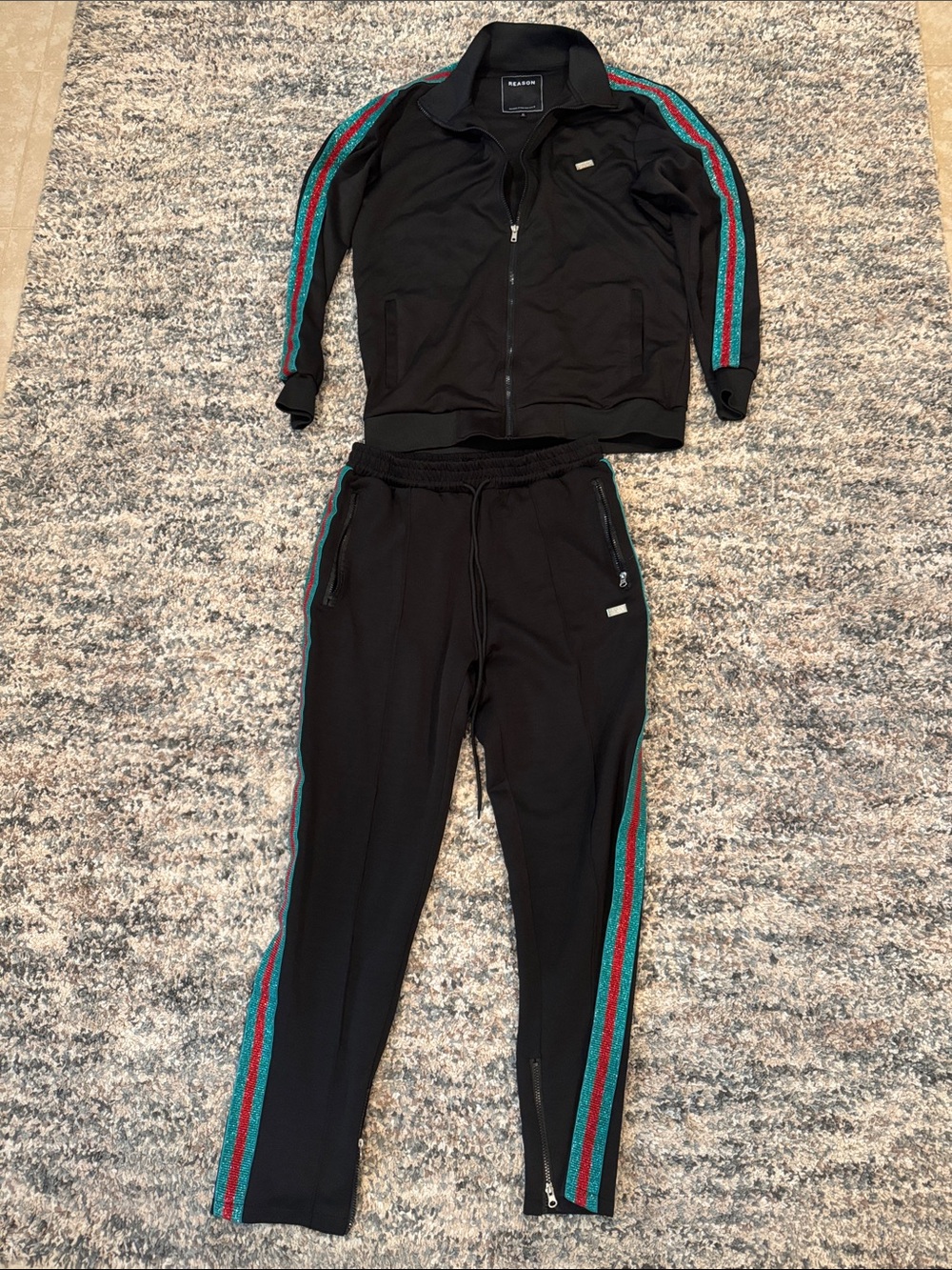 Reason Black Track Jacket and Sweatpants with Teal and Red Stripe Trim